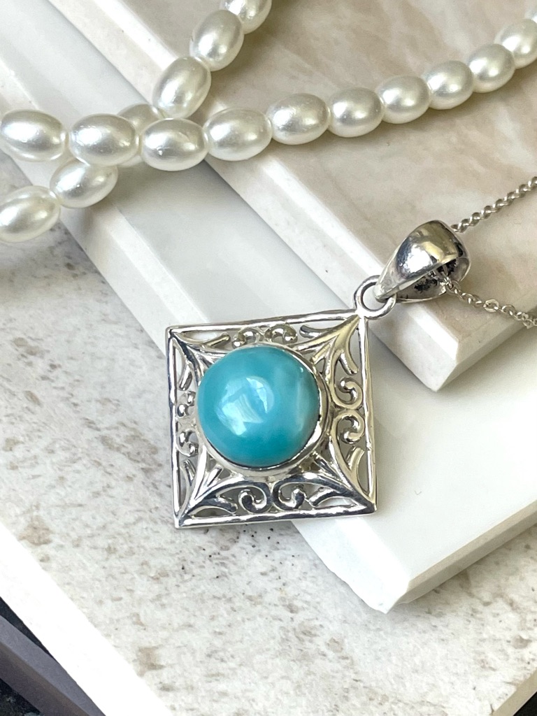 925 Sterling Silver Natural Larimar Pendant, B O H O